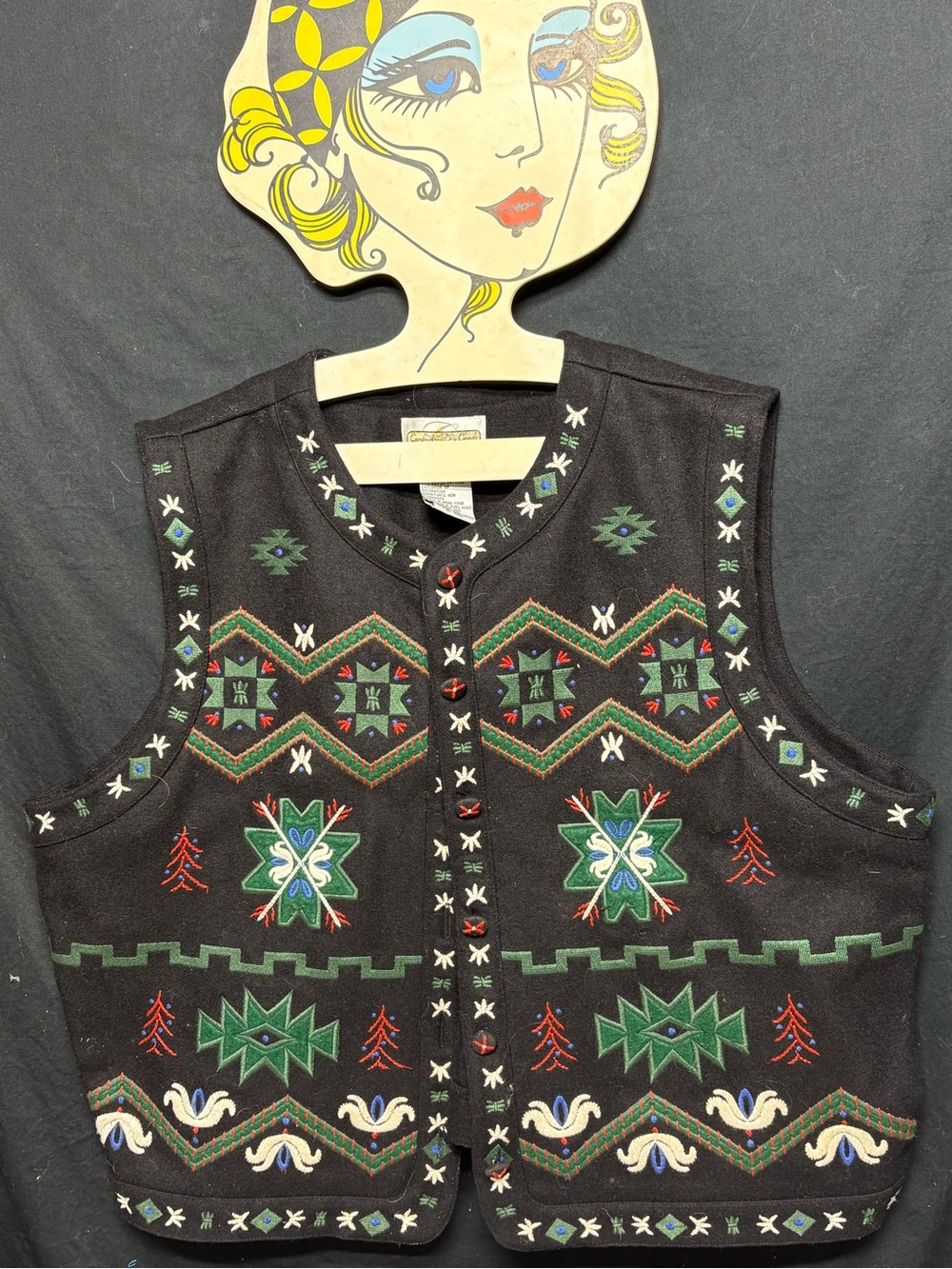 Vtg Cambridge Dry Goods Embroidered Holiday Wool Vest Southwest XL
